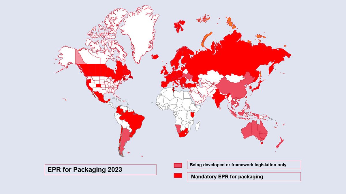 A world map contrasting areas where there is mandatory EPR for packaging against areas where it is being developed or only outline legislation exists