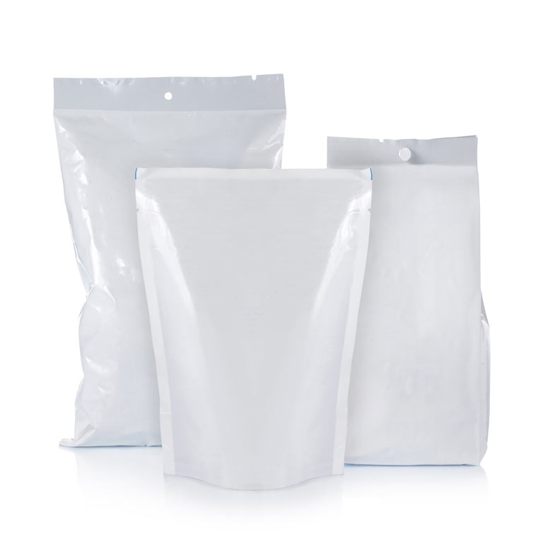 white flexible food packaging pouches