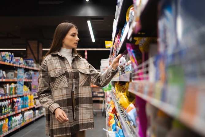 Person selecting packaged goods from supermarket shelf