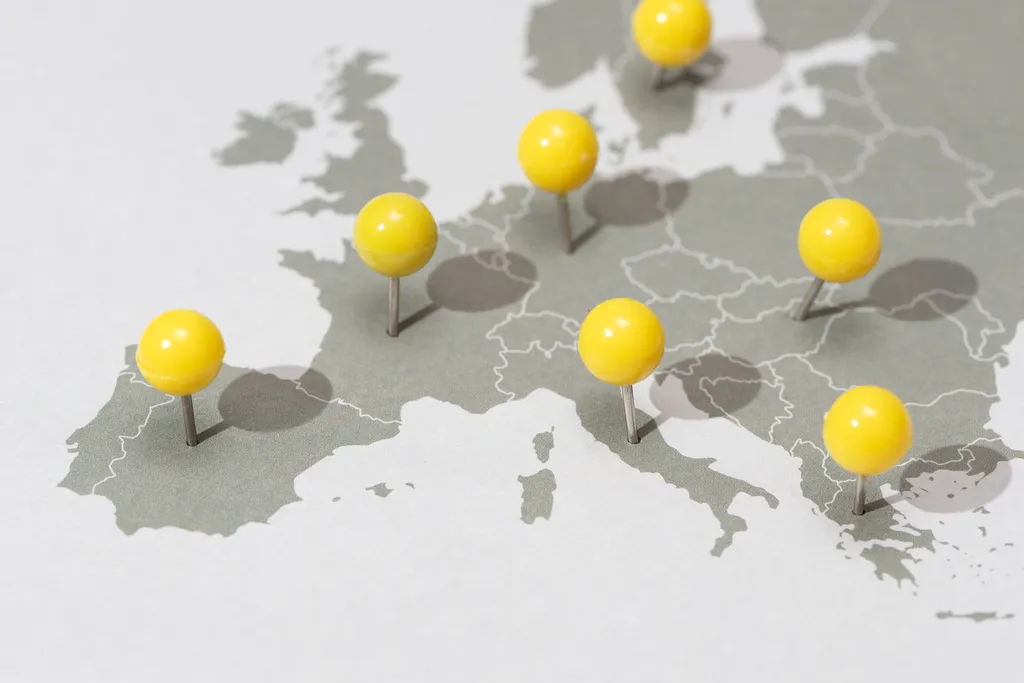Europe map with yellow pins marking locations